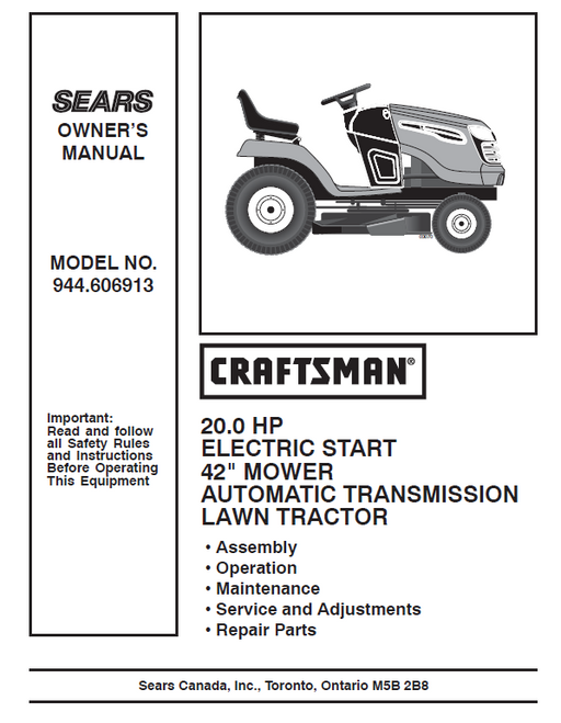 944.606913 Manual for Craftsman 20.0 HP 42" Lawn Tractor