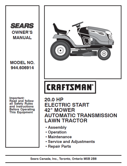 944.606914 Manual for Craftsman 20.0 HP 42" Lawn Tractor