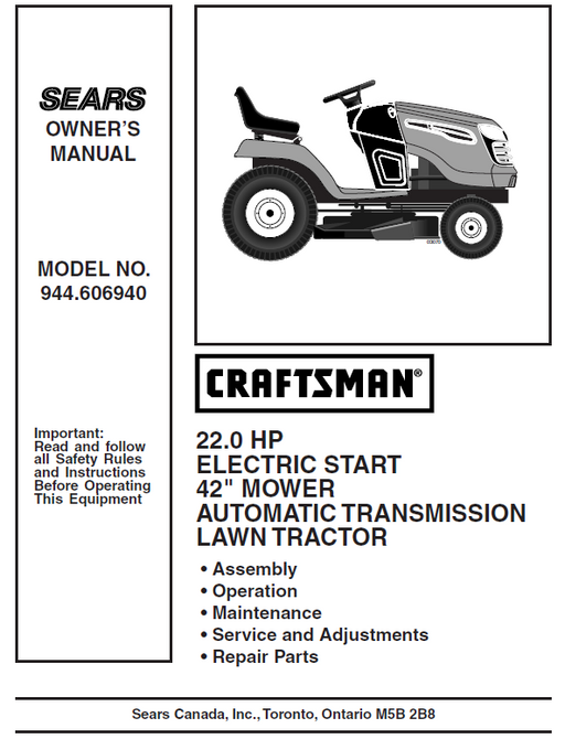 944.606940 Manual for Craftsman 20.0 HP 42" Lawn Tractor
