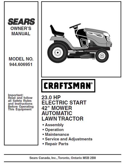 944.606951 Manual for Craftsman 23.0 HP 42" Lawn Tractor