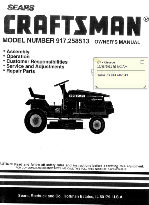 944.607043 Parts List for Craftsman Lawn Tractor 917.258513