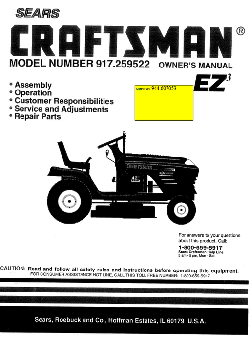 944.607053 Manual for Craftsman 15.5 HP Lawn Tractor 917.259522