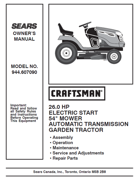 944.607090 Manual for Craftsman 26.0 HP 54" Garden Tractor
