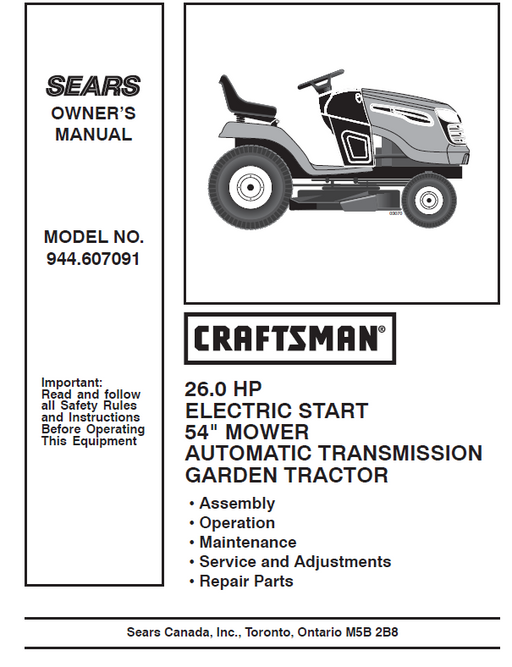944.607091 Manual for Craftsman 26.0 HP 54" Garden Tractor