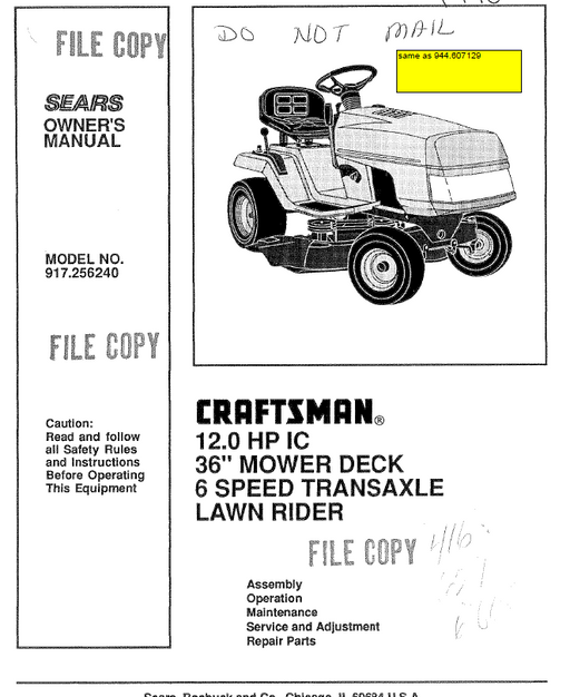 944.607129 Manual for Craftsman 12.0 HP 36" Lawn Tractor 917.256240