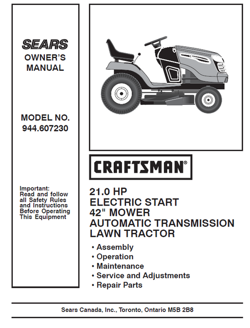 944.607230 Manual for Craftsman 21.0 HP 42" Lawn Tractor