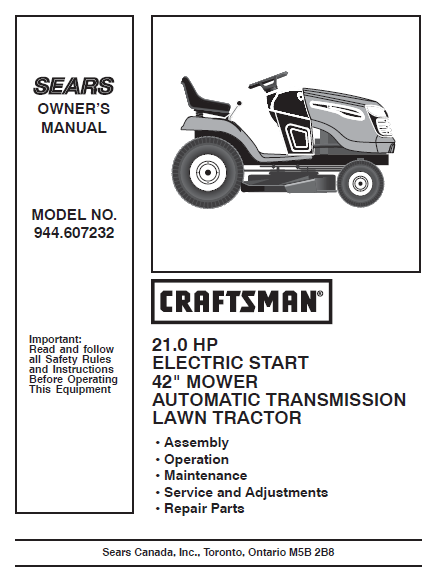 944.607232 Manual for Craftsman 21.0 HP 42" Lawn Tractor