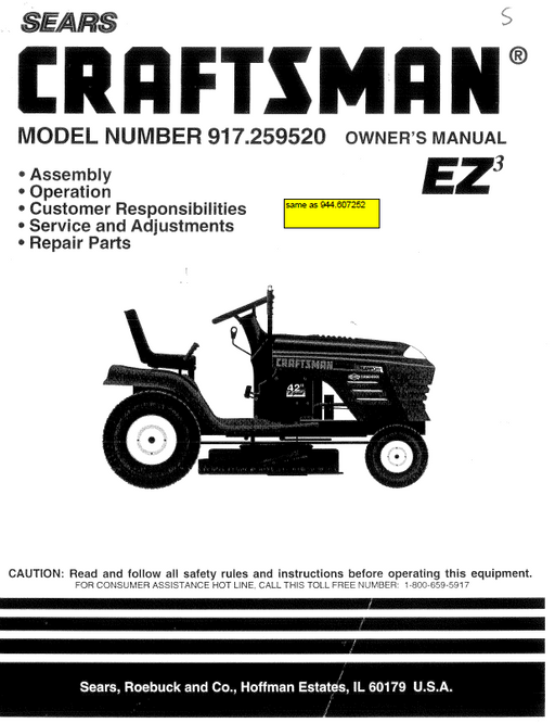 917.259520 Manual for Craftsman 15.5 HP Lawn Tractor 944.607252