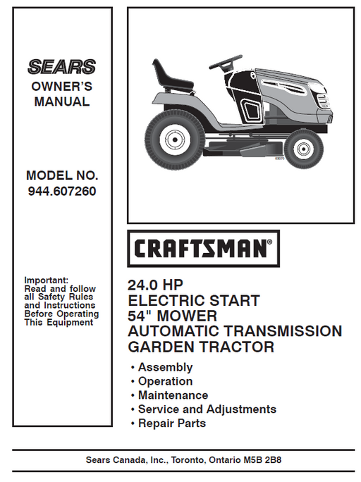 944.607260 Manual for Craftsman 24.0 HP 54" Garden Tractor