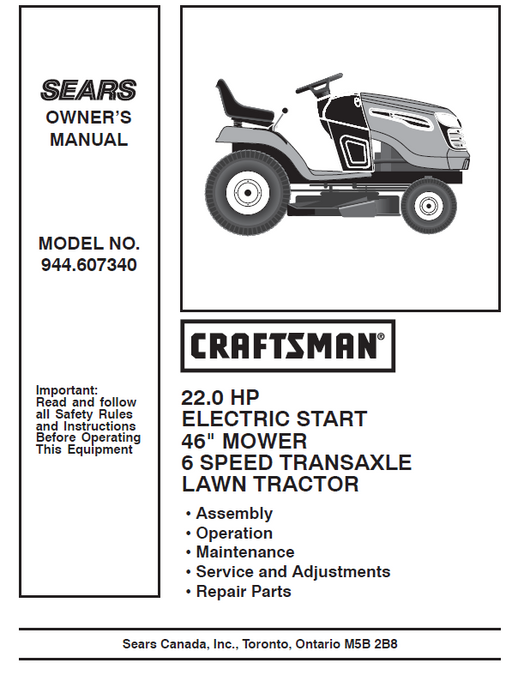 944.607340 Manual for Craftsman 22.0 HP 46" Lawn Tractor