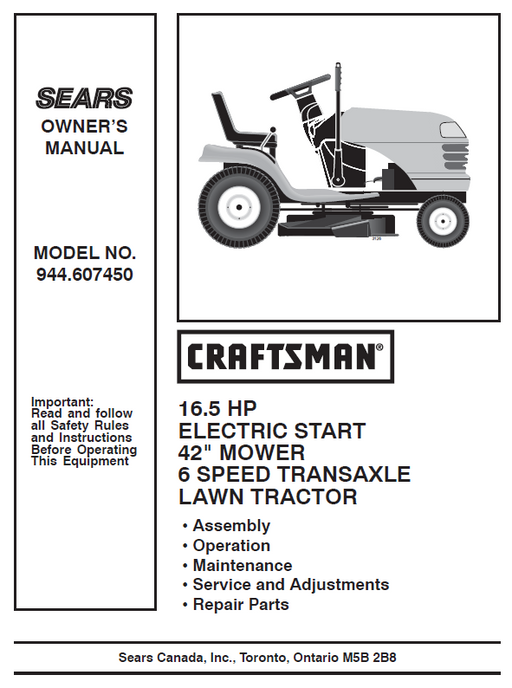 944.607450 Manual for Craftsman 16.5 HP 42" Lawn Tractor