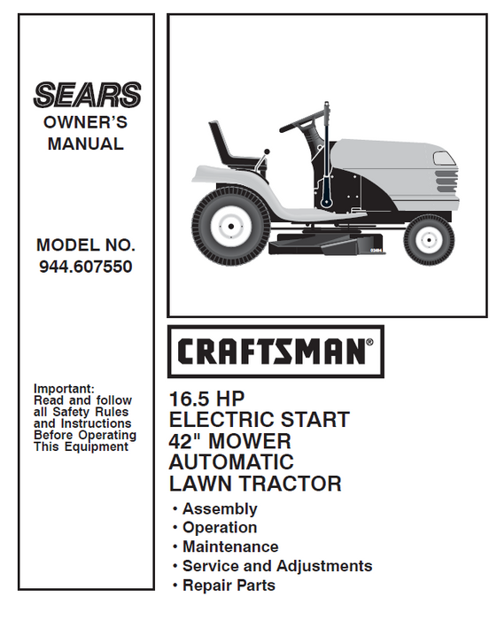 944.607550 Manual for Craftsman 16.5 HP 42 Lawn Tractor DR Mower Parts