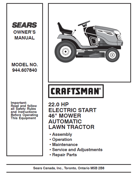 944.607840 Manual for Craftsman 22.0 HP 46" Lawn Tractor