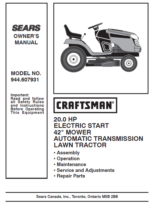 944.607931 Manual for Craftsman 20.0 HP 42" Lawn Tractor