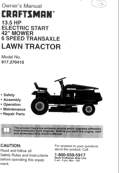 C944-608031 Manual for Craftsman 42" Ride-on Mower C917-270410