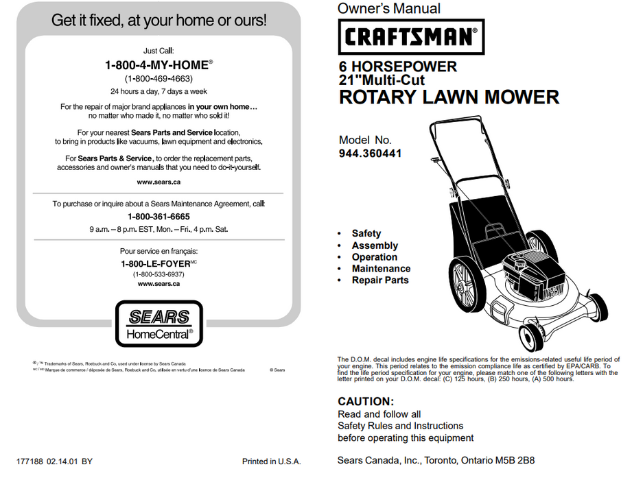 944.360441 Craftsman Rotary Lawn Mower DR Mower Parts