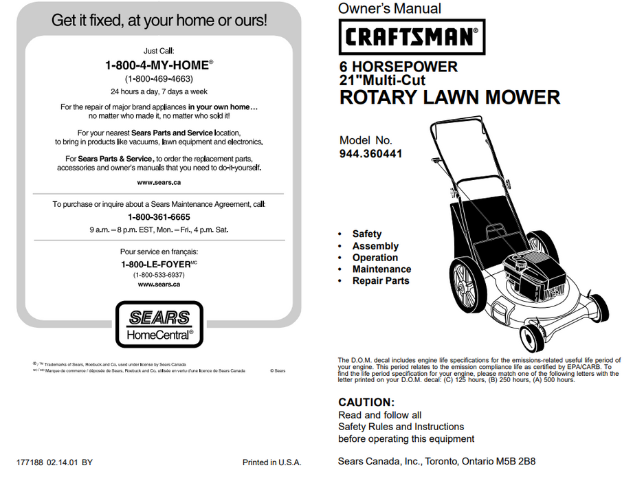 944.360441 Craftsman Rotary Lawn Mower 