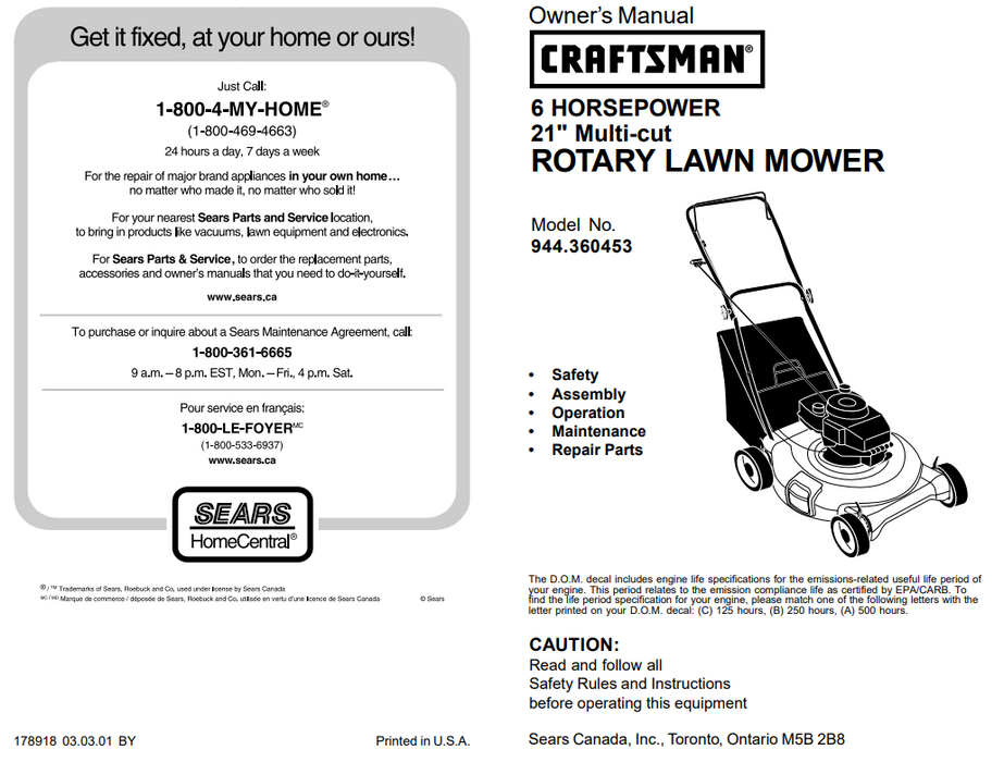 944.360453 Craftsman Rotary Lawn Mower
