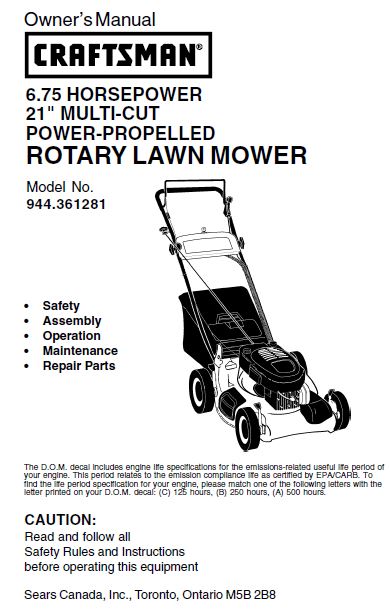 944.361281 Manual for Craftsman 21" Multi-Cut Power Propelled Lawn Mower