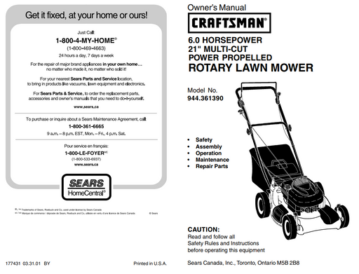 944.361390 Craftsman Rotary Lawn Mower