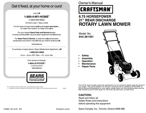 944.361401 Craftsman Rotary Lawn Mower