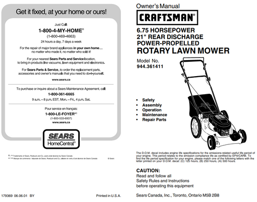 944.361411 Craftsman Rotary Lawn Mower