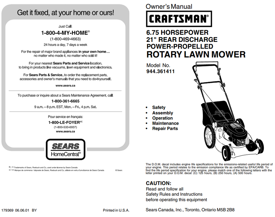 944.361411 Craftsman Rotary Lawn Mower