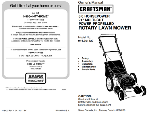 944.361420 Craftsman Rotary Lawn Mower 