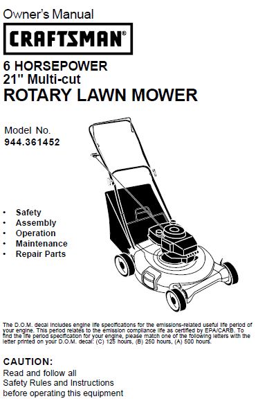 944.361452 Manual for Craftsman 21 Multi Cut Lawn Mower DR Mower Parts