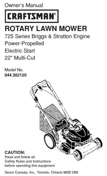 944.362120 Manuel pour tondeuse à gazon Craftsman Démarrage électrique 22" Série 725 Moteur Briggs et Stratton