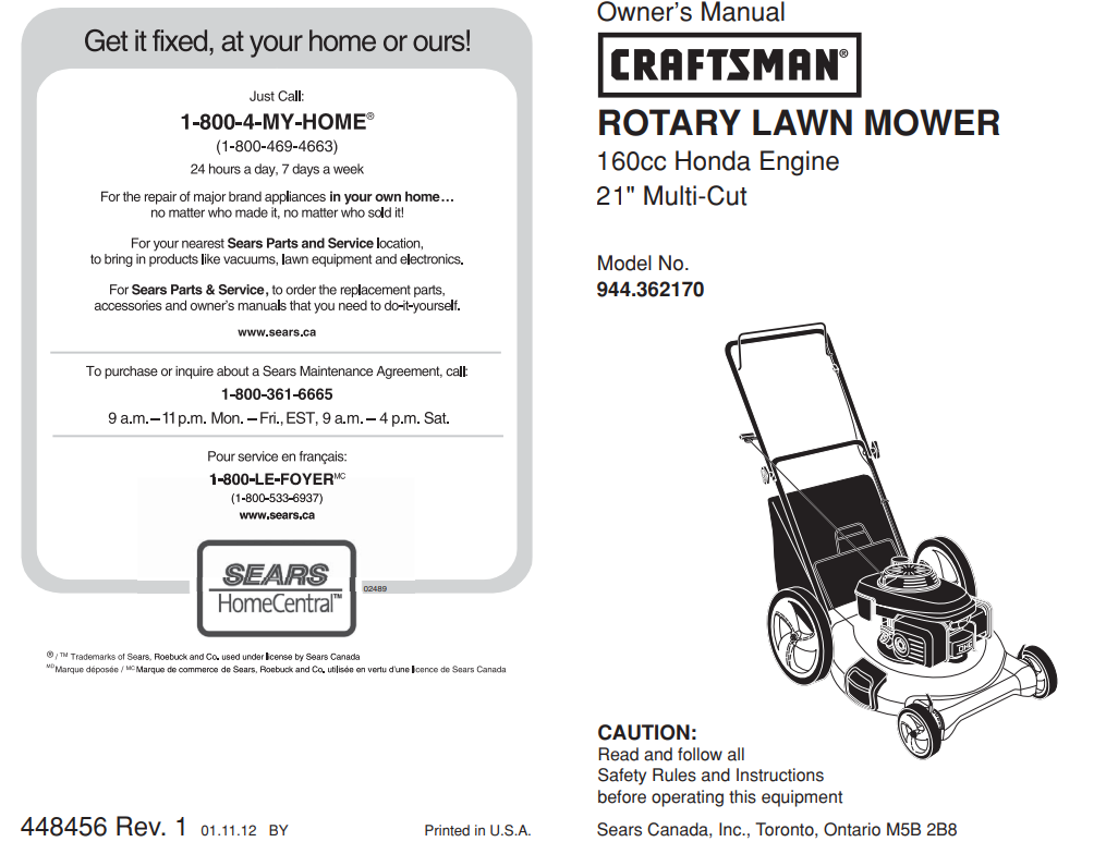 944.362170 Craftsman Multi cut Lawn Mower DR Mower Parts