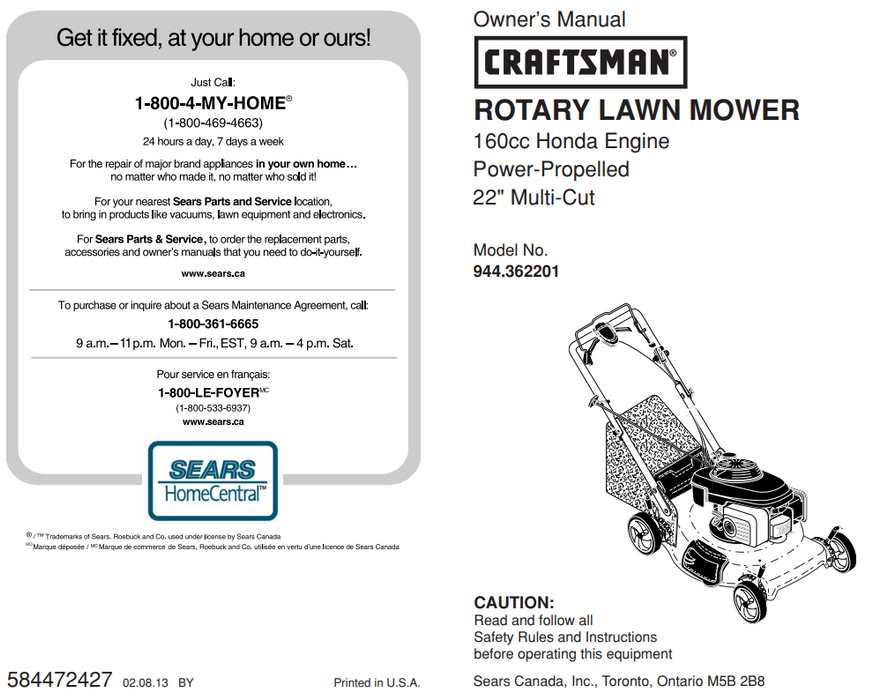 944.362201 Craftsman Multi cut Lawn Mower DR Mower Parts