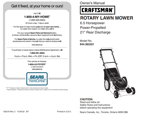 944.362321 Craftsman Rotary Lawn Mower