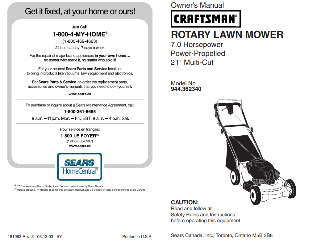 Craftsman 6.75 hp self propelled lawn mower manual deals