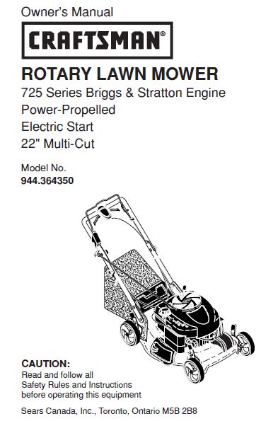 944.364350 Manual for Craftsman 22" Multi-Cut Power Propelled Lawn Mower with 725 Series Briggs Engine