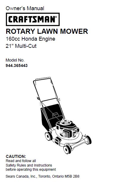 944.365443 Manual for Craftsman Lawn Mower with Honda Engine GCV-160-LAS3A