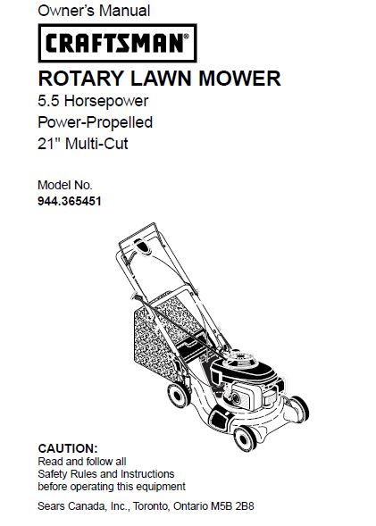 944.365451 Manual for Craftsman Power Propelled Lawn Mower with Honda Engine DR Mower Parts