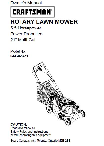 944.365451 Manual for Craftsman Power Propelled Lawn Mower with Honda Engine