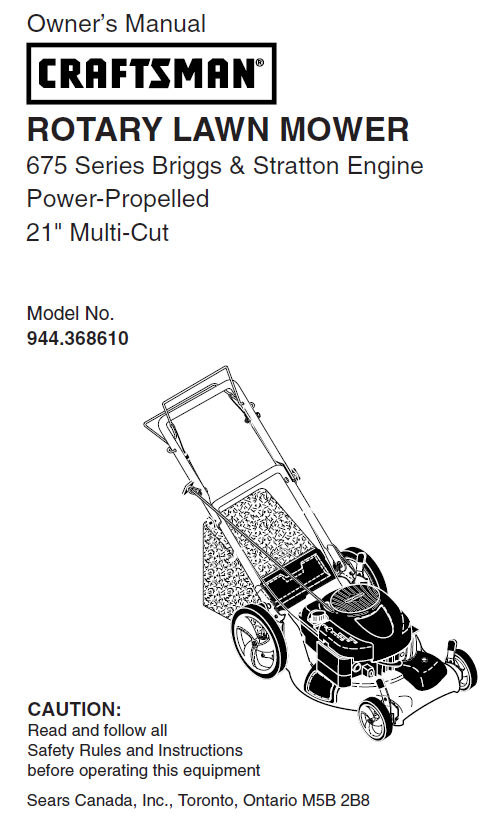 944.368610 Manual for Craftsman 675 Series Power Propelled 21 Lawn Mower DR Mower Parts
