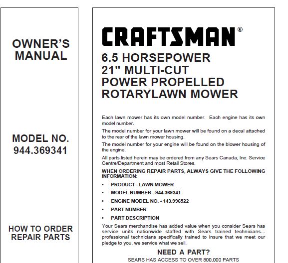 944.369341 Manual for Craftsman 21" Multi-Cut Self-Propelled Lawn Mower with Craftsman Tecumseh Engine 143.996522