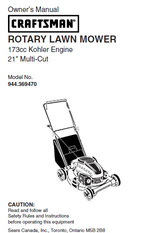 944.369470 Manual for Craftsman 21" Multi-Cut Lawn Mower with Kohler 173cc Engine