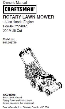 944.369740 Manual for Craftsman 22" Self-Propelled Lawn Mower with Honda Engine