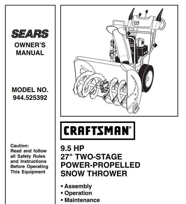 944.525392 Manual for Craftsman 27" Two-Stage Snow Thrower