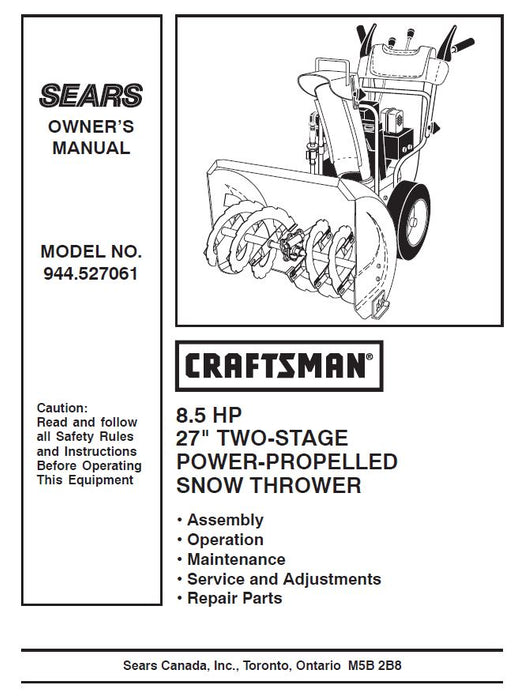 944.527061 Manual for Craftsman 27" Two-Stage Snow Thrower