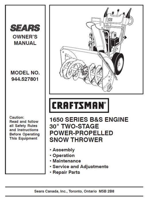 944.527801 Manual for Craftsman 30" Two-Stage Snowblower