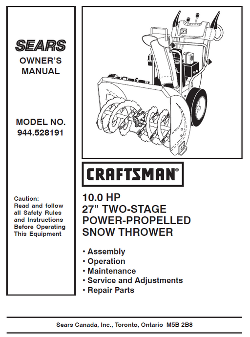 944.528191 Manual for Craftsman 27" Two-Stage Snow Thrower