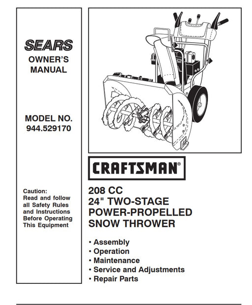 944.529170 Manual for Craftsman 208 CC 24″ Snow Thrower