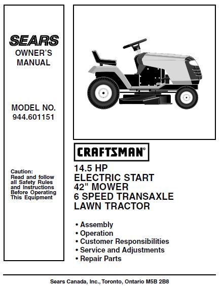 944.601151 Manual for Craftsman 14.5 HP 42" Lawn Tractor