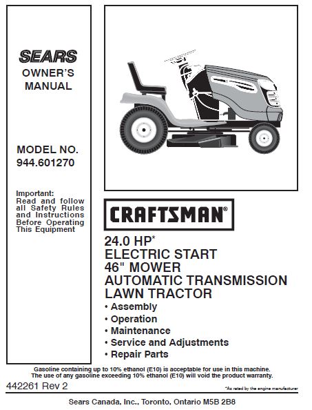 944.601270 Manual for Craftsman 24 HP 46" Lawn Tractor