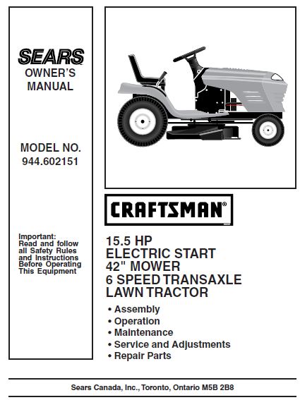 944.602151 Manual for Craftsman 15.5 HP 42" Lawn Tractor